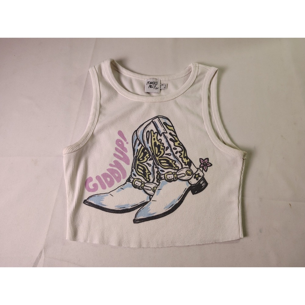 Princess Polly Giddy Up Cropped Tank Top White Graphic Ribbed Western Size US‎ 4